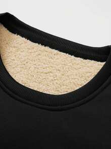 Thermal Lined Faux Wool Men's Winter Crew Neck Pullover Sweatshirt, Casual Polyester Knit Base Layer Hoodie, Long Sleeve, Round Neck, Regular Fit, Outdoor Leisure, Autumn/Winter Series - Black - View 4