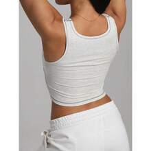 Women Rib Tank Top Padded Workout Top Square Neck Crop Tank Fitted Basic Cami Tops - Heather White - View 6