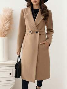 Elegancki damski płaszcz tweedowy w jednolitym kolorze, uniwersalna, swobodna, dopasowana kurtka