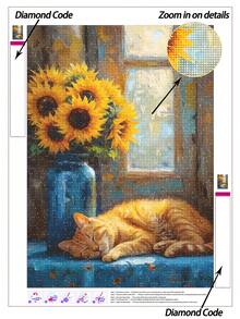 5D DIY钻石画 | 美丽的阳光场景马赛克套装，阳光洒在向日葵上，一只小猫在酣睡。DIY钻石画套装。高清手工装饰画。钻石画礼品，专注身心，DIY解压。 - 彩色 - 查看 8