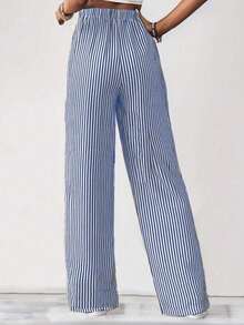 Wide Leg Striped Elastic Palazzo Pants With Pockets - Azul lavado oscuro - Ver 3