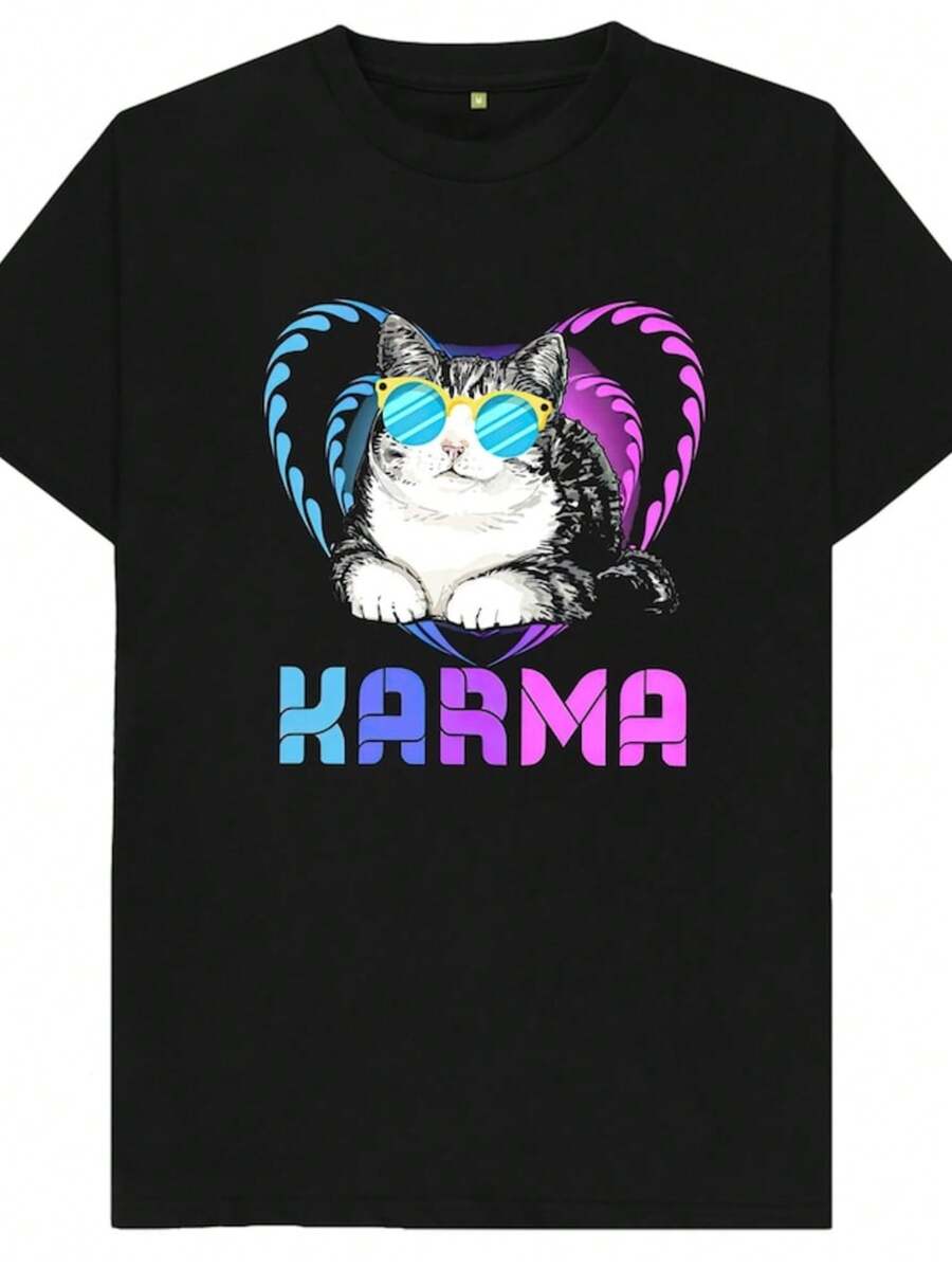 Karma Cat T Shirt - 黑色 - 查看 1
