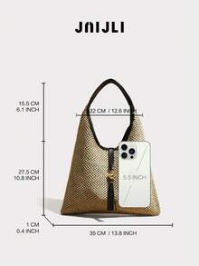 1pc Bohemian Vacation Straw Weaved Tasseled Tote Bag, Shoulder Bag, Casual Large Capacity, Versatile For Daily Commute, Fashion Casual, Tourism, Beach, Wedding - màu đen - Xem 5