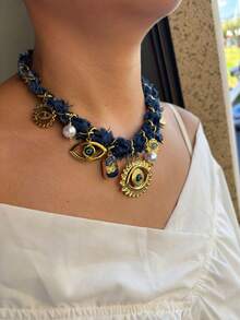 1 件奢华绳结不锈钢眼、心、蝴蝶多吊坠 DIY 手工编织项链，适合女性宴会、派对、聚会、日常穿着、节日礼物 - 金色 - 查看 3