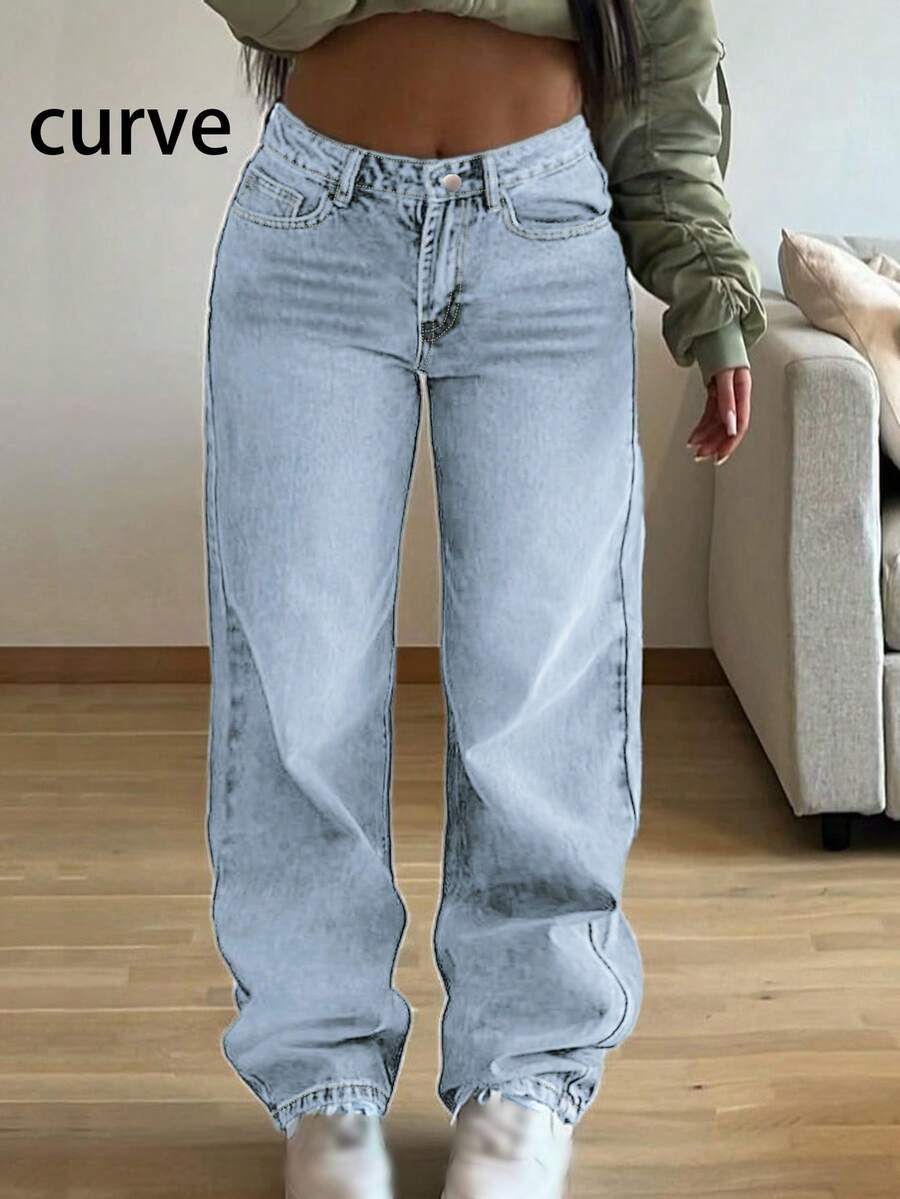 Quần jeans nữ dáng rộng, màu trơn, chất liệu wash nhẹ, phù hợp cho đi làm, ở nhà, tụ họp, mua sắm, mọi mùa. Phong cách đường phố tối giản mới. - Rửa nhẹ - Xem 1
