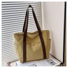 Two-Color Optional-Large Canvas Handbag, College-Style Commuter Shoulder Bag With Zipper Closure, Durable And Spacious Work Bag For Students And Professionals, Fashionable Backpack (Beige/Black) - Multicolor - View 12