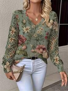 优雅花卉印花 V 领长袖毛衣，百搭波西米亚风格上衣，适合春、夏、秋、冬，时尚针织套头衫，适合办公室、街头、家居、旅行 - 綠色 - 查看 3
