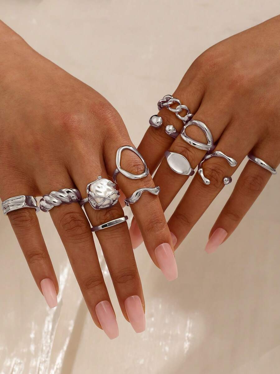 12pcs/Set Punk Style Rings Set, Vintage Geometric Rings Set For Women, Fashion Personalized Jewelry Gift, Suitable For Daily Outfit And Party Accessories - Silver - View 1