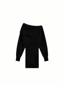 韩版简约不对称肩部修身毛衣裙 - 黑色 - 查看 3