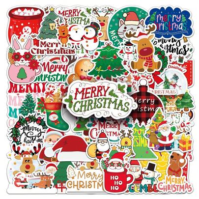 50PCS Christmas Stickers Christmas Decorations Christmas Decor Christmas Ornaments Christmas Gifts Cartoon Aesthetic Stickers Vinyl Waterproof Stickers For Water Bottle, Hydroflask, Guitar, Luggage, Phone, Case, Laptop, Skateboard, Gift