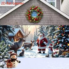 Pancarta plana 2D de Navidad para el garaje - Escena de Papá Noel, renos y pueblo de muñecos de nieve, decoración de pared exterior navideña adecuada para fiestas, de poliéster