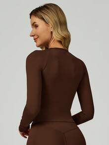 Women's Long-Sleeved Cropped T-Shirt, Tight-Fitting One-Piece Long Pants, Women's Yoga One-Piece Suit, Exercise Long-Sleeved Sports One-Piece Pants, Quick-Drying And High-Elasticity - 咖啡棕 - 查看 8