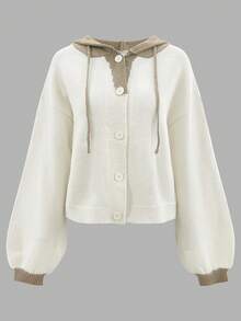 Áo khoác len nữ phối màu có mũ, cài nút phía trước, tay dài, kiểu dáng thường ngày cho mùa thu đông, đồ len nữ mặc hàng ngày. - Màu Khaki - Xem 3