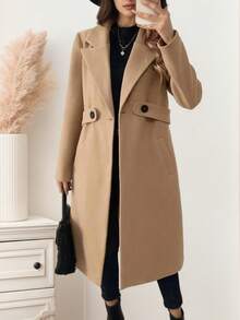 Elegancki damski płaszcz tweedowy w jednolitym kolorze, uniwersalna, swobodna, dopasowana kurtka