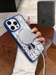 1pc Spider Web Design Pattern Magnetic Mobile Phone Case, With Magnetic Card Holder, Can Hold Credit Card And Bank Card, Compatible With Magnetic Charger, Suitable For All Models Of IPhone 17/17 Pro/17 Air/17 Pro Max, Can Be Used For IPhone 11/12/13/14/15/16/Pro/Plus/Pro Max/16e Mobile Phone Cases - Màu xanh lam - Xem 2