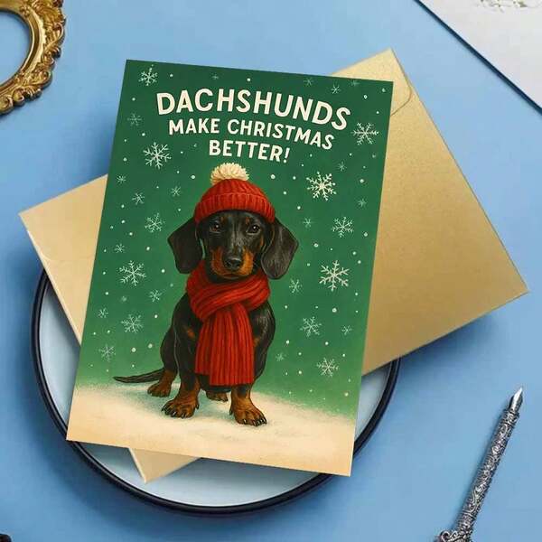 Adorable Dachshund Christmas Card - Festive Holiday Greeting For Dog Lovers, Friends & Family - Perfect For Thanksgiving, Halloween, Birthdays & Weddings - Charming Cartoon Design With Snowy Scene, Red Scarf & Cozy Hat - Ideal For All Occasions, Dog Lover Gifts