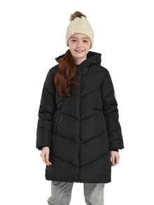 SOLOCOTE 女童长袖连帽拉链口袋羽绒服，加厚休闲冬季外套，适合日常穿着和圣诞派对 - 黑色 - 查看 7