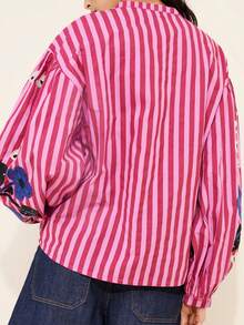 1 件女士休闲日常穿着、派对、花园、野餐、户外节日、海滩节日度假飘逸花卉印花荷叶边下摆开襟长袖衬衫，春夏秋季 - 紅色 - 查看 5