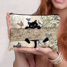 1pc Cute Cat Pattern Cosmetic Bag, Portable Travel Organizer Pouch, Women Handbag, Summer Bag, Holiday Bag, Makeup Bag, Wallet, Backpack, Essential For Holiday & Travel - Army Green - View 6