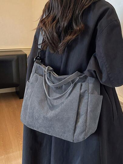 Damen Cord Vintage Shopper, Mehrtaschige lässige Schultertasche, Umhängetasche, Studentenrucksack, Bürotasche, Faltbare Einkaufstasche mit großem Fassungsvermögen