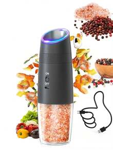 Gravity Electric Salt And Pepper Grinder,Rechargeable Salt And Pepper Grinder With LED Light, No Battery Needed, Adjustable Coarseness, Washable 135ml Container, Christmas Gifts, Halloween Gifts, Kitchen Gifts, Black