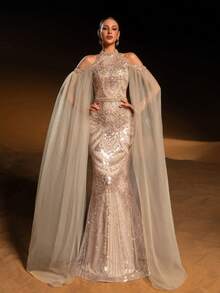 Faeriesty Haute Glamour Elegant Halter-Neck Mermaid Gown With Sheer Sleeves And Sparkly Sequin Beadwork – Fish-Scale Pattern, Long Flowing Train For Galas, Wedding Guest Attire, Upscale Parties & Red-Carpet Occasions For Women