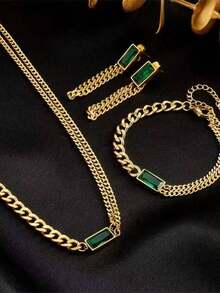 1 Set de Collar con Cadena en Forma de Corazón Verde Vintage y Aretes, Accesorios de Moda para Uso Diario para Hombres (Empaquetado en Bolsa de OPP)