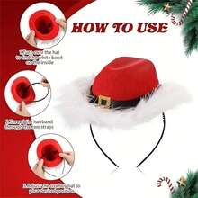 1pc Red Women's Mini Cowboy Santa Hat Headband With Faux Fur Trim & Adjustable Elastic Band - Lightweight Red & White Christmas Party Costume Accessory For Masquerade, Holiday Events, Christmas Hats, Masquerade Accessory, Jacquard Texture - Multicolor - View 4