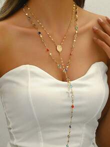 2-7pcs Vintage Elegant Fashion Hip Hop Retro Coin Rhinestone Embellished Pendant Necklace Set, Featuring Cross, Flower, Sun, Heart Designs, Tassel Decor, Y-Necklace, Choker, Suitable For Women, Vacation, Party, Daily Wear, All Seasons