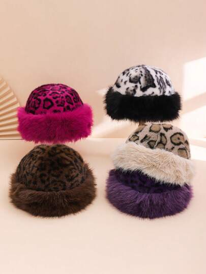 1 pieza Sombrero de cubo de mujer con estampado de leopardo y bloque de color, de piel de Mongoliana esponjosa y gruesa, cálido y de moda para uso casual, al aire libre y para ir al trabajo en invierno