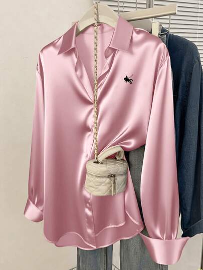 Women's Autumn Equestrian Satin Shirt, Elegant Solid Color Equestrian Print, Pointed Collar Single-Breasted Design, Showcasing Daily Elegance
