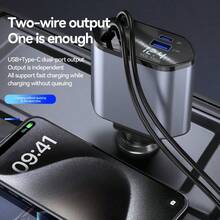 120W Retráctil Cable de carga rápida 4 en 1 Adaptador de cargador de coche de 4 puertos Compatible con todos los dispositivos - y confiable enchufe de coche - Negro - Ver 2