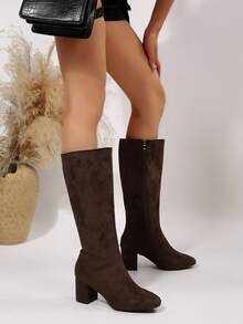 Fall/Winter Women's Fashionable Retro Brown Chunky Heel Side Zipper Knee-High Boots,Party - Coffee Brown - View 7
