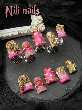 10pcs Handmade Fully Covered Fake Nail Sets, Short Duckbill White&Pink French Tip Nails French Metal Style, Artistic Style, Pink Tie Dye 3D Carved Flower Design 3D Heart Studded Rhinestone Bow&Hand-Painted Stars Asymmetrical Lines&Bubble Bead Embellishment Press On Acrylic Nails Suitable For Girls To Attend Gatherings, Themed Parties And Other Activities, Equipped With 1 Mini Nail File And 1 Double-Sided Adhesive Label.