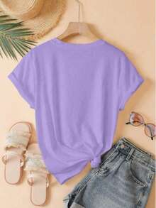 Camiseta manga corta grafico moño lazo brillo strass cuello redondo estilo moderno casual - Lila Púrpura - Ver 4