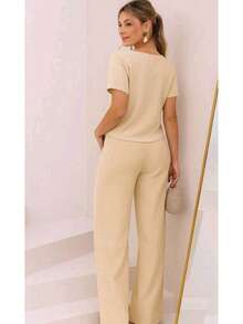 Women's Premium Tailored Set: Wide-Leg Pants With Crease And Pockets, Cotton, And Short-Sleeved Blouse, Casual Fashion - 米色 - 查看 2