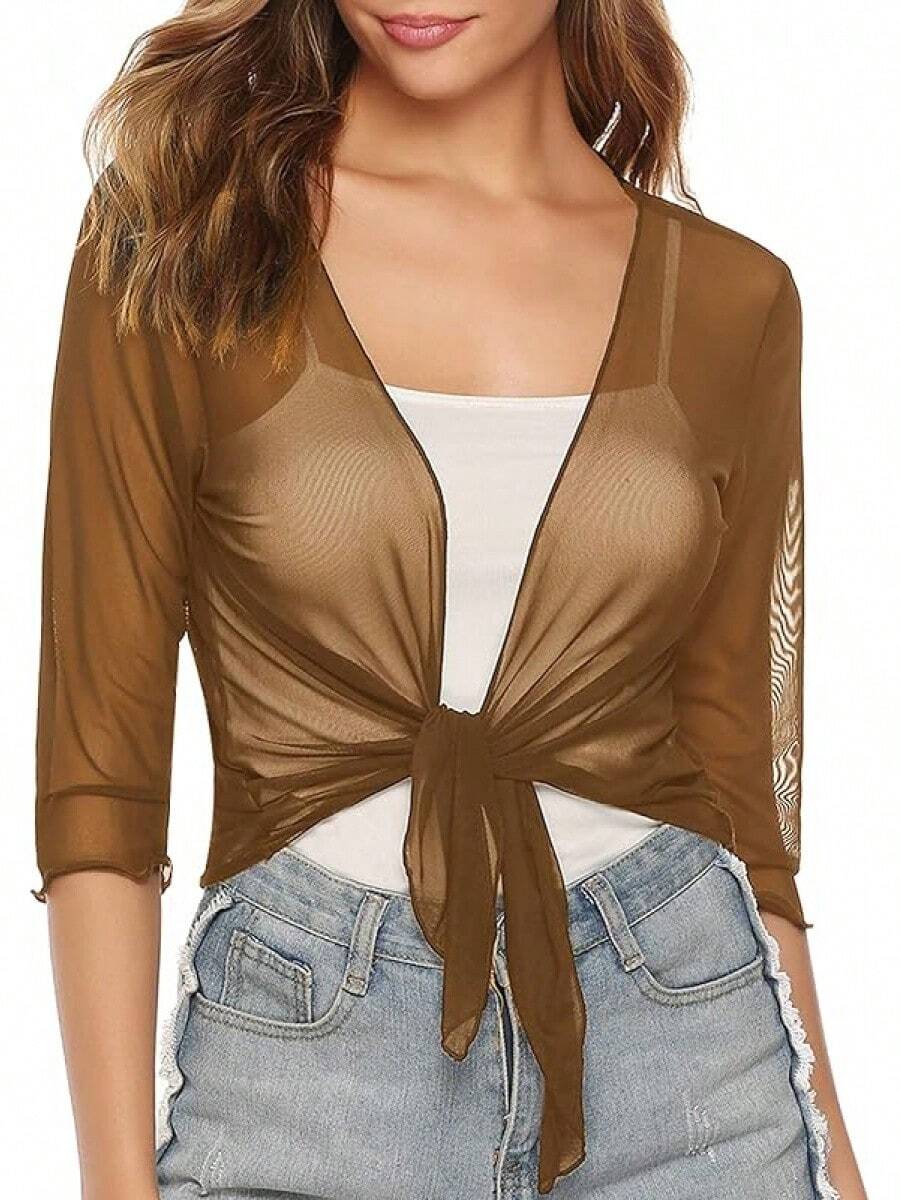 Aiboria Womens 3/4 Sleeve Shrug Sheer Mesh Bolero Tie Front Cropped Cardigan S-XXL - màu nâu - Xem 1