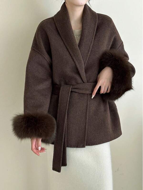 Women's Double-Sided Faux Fur & Wool Blend Coat - Shawl Collar, Tie Waist, Classic Casual, Suitable For Autumn/Winter