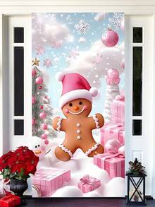 Copertura per porta natalizia da 90x180cm in poliestere rosa a tema natalizio festivo con caramelle pan di zenzero, per decorazioni interne ed esterne, feste e vacanze