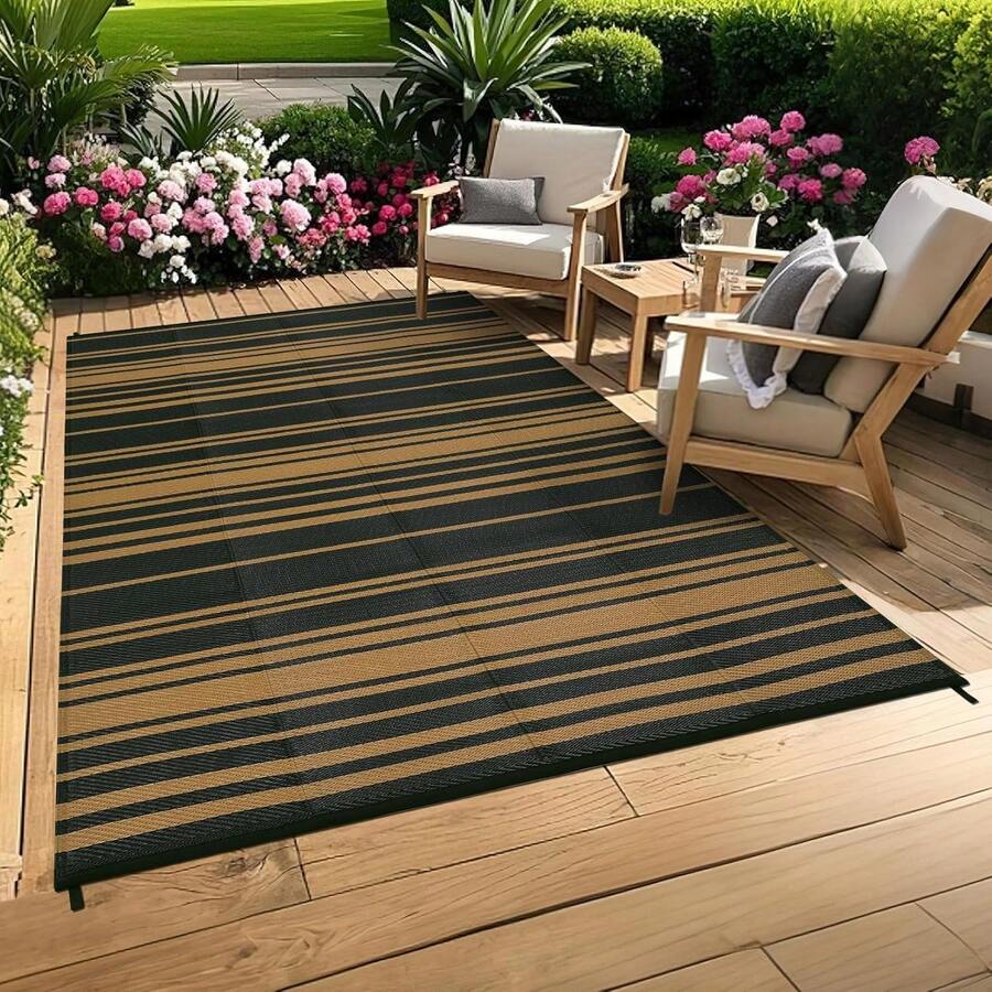 Alfombra al aire libre impermeable alfombra de paja de plástico reversible, alfombra de campamento grande al aire libre para patio, alfombra de RV a rayas moderna, alfombras de piso exteriores para porche, cubierta, patio trasero, balcón - Marrón-9x12 pies - Ver 1