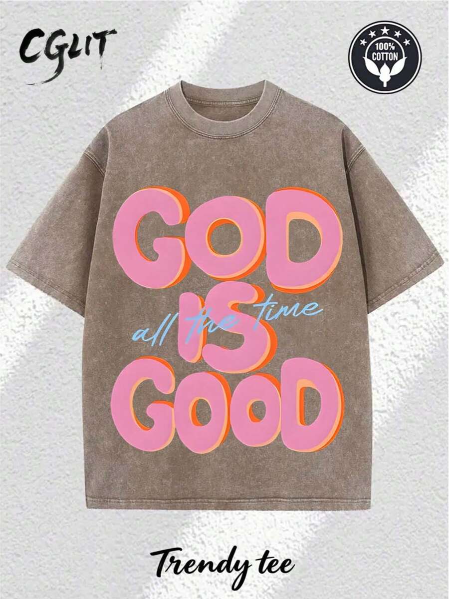 Men's God Is Good Distressed Graphic Tee, Oversized Crew Neck Short Sleeve Vintage Wash T-Shirt, Unisex Boyfriend Fit - 咖啡色 - 查看 1