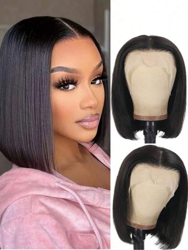 4x1 Peluca de mujer de estilo bob negro de alta definición con encaje frontal - Línea de cabello natural, color negro natural, estilo corto y recto, densidad del 150%