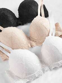 3Pcs Women's Lace Solids With Steel Ring Bra Push Up Bra, Everyday