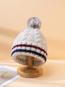 1 pièce Bonnet tricoté à pompons rayés bicolores, chapeau tricoté chaud, doublé thermique, polyvalent et pour l'hiver, pour un usage quotidien, les déplacements et les courses - bande - Voir 14