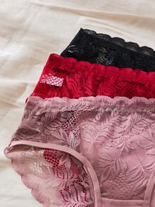 3pcs Sexy Women's Triangle Panties Romantic And Charming Translucent Lace Pure Desire Style Mesh Design Dating Partner Black Panties Red Underwear Pink Panties Women's Fashion Underwear Comfortable And Refreshing For Various Occasions - Multicolor - View 3