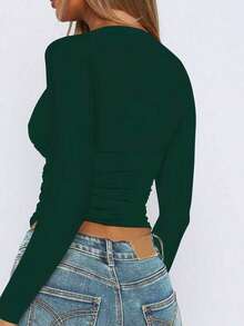 Fashionable Sexy V-Neck Tight Fit Long Sleeve Undershirt, Spring/Summer New Arrival - Dark Green - View 4
