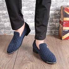 Men's Pointed Toe Rivet Dress Shoes Glitter Modern Metallic Slip On Loafers Plus Size-20256688 - Navy - View 6