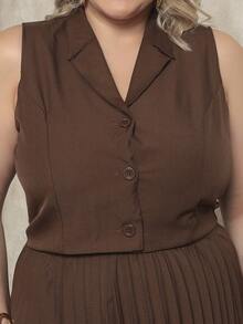 ANLE MODAS Women's Set Pleated Skirt With Elegant Vest Luis Twill Plus Size - Coffee Brown - View 6