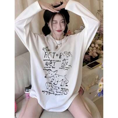 카툰 프린트 긴소매 라운드넥 티셔츠, 여성용 캐주얼 루즈핏 풀오버 탑, 가을