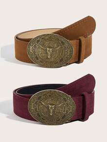 1 件女士复古雕花牛头扣 PU 皮革西式腰带波西米亚风腰带，非常适合日常使用万圣节秋季、秋季、万圣节